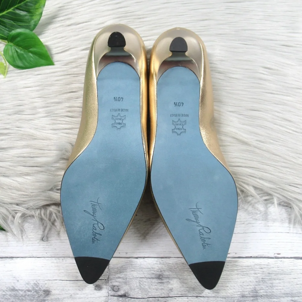THIERRY RABOTIN Gold Napa Pointed Toe Kitten Heel Pumps Women's 40.5 US Size 10